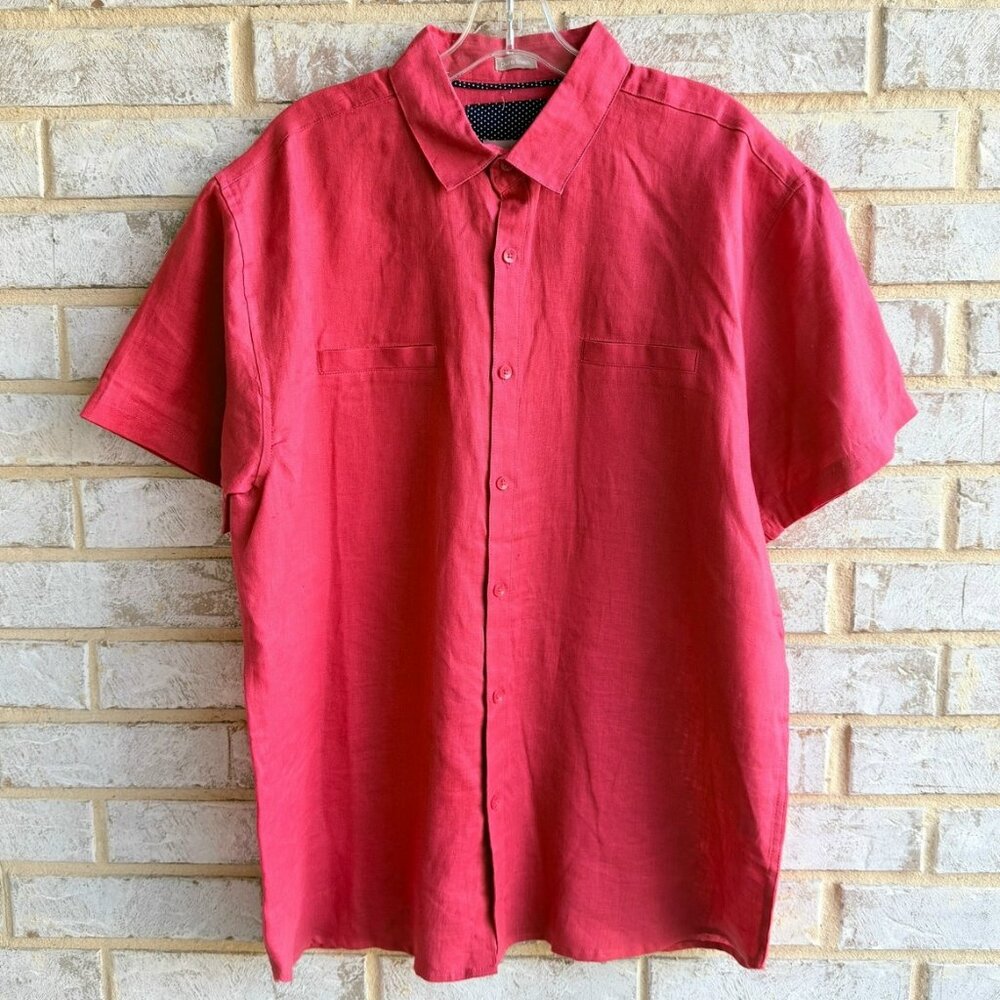 Bruno 100% Linen Short Sleeve Button Up Collared Coral Pink Shirt Men's Size L